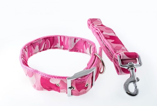 Rózsaszín terepmintás kutyanyakörv és póráz szett, 4.0 cm