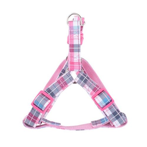 Rózsaszín kockás mintás textil kutyahám "L" méret, (Sz2.5 cm x H50-70 cm)