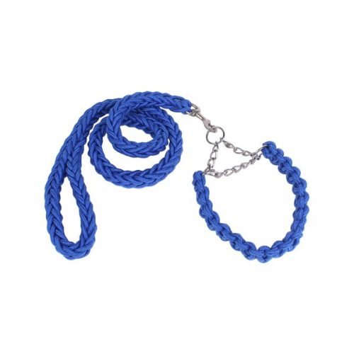Fonott kötélpóráz és nyakörv és póráz szett, kék színben S méret 2.5x35-52 cm