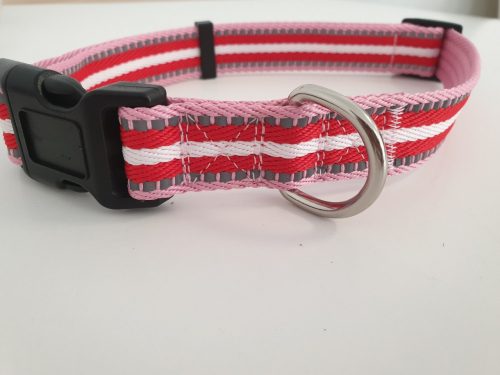 Piros-fehér csíkos textil nyakörv (Sz2.0 cm x H35-50 cm)
