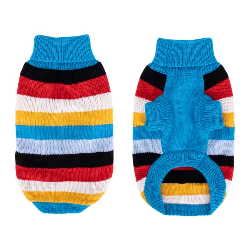 Vidám csíkos kutyapulcsi világoskék ujjal, L