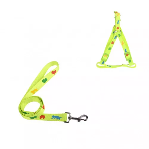 Szett, Zöld alapon kutyamintás nylon póráz  Sz1,0*H120cm + hám Sz1,0*H25-40cm															