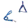 Szett, kék alapon kutyamintás nylon póráz  Sz1,0*H120cm + hám Sz1,0*H25-40cm															