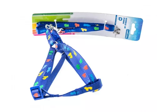 Szett, kék alapon kutyamintás nylon póráz  Sz1,0*H120cm + hám Sz1,0*H25-40cm															