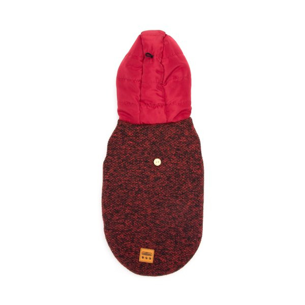 Piros, alul patentos meleg, bélelt télikabát, kapucnival, 25 cm háthossz