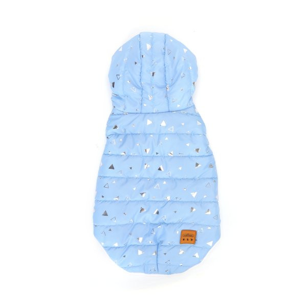 Kék mintás steppelt télikabát, alul zipp-záros, kapucnis, 30 cm háthossz